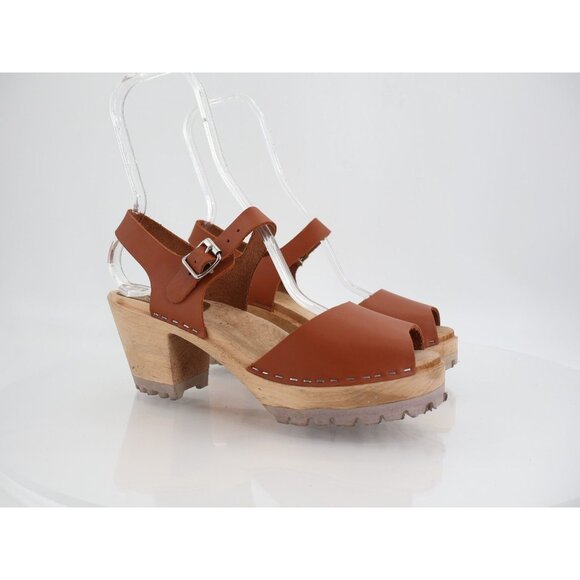MIA Sweden Greta Sandal Clog Wooden Heel Brown Leather Size 41 11 Slingback - Picture 1 of 12